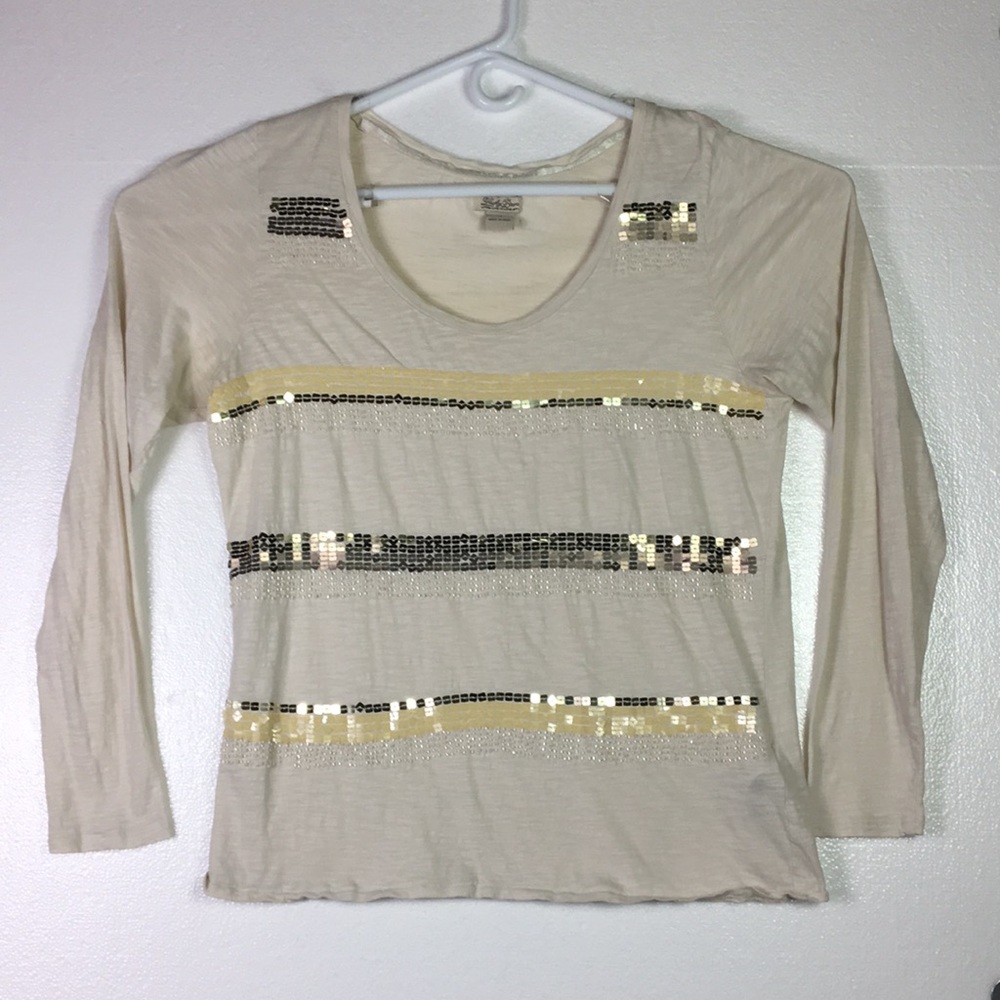 Lucky Brand Sequins Top XL check Measurement photo Beige Gold Beads Light weight